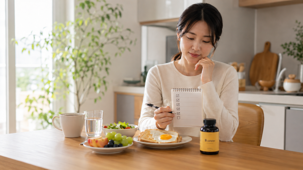 커피와 물, 아침 식사를 함께 두고 하루 건강 루틴을 점검하는 한국인 여성