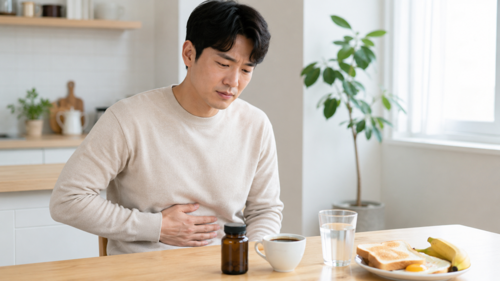 아침 식탁에서 공복에 비타민B군을 먹고 속이 불편한 한국인 남성