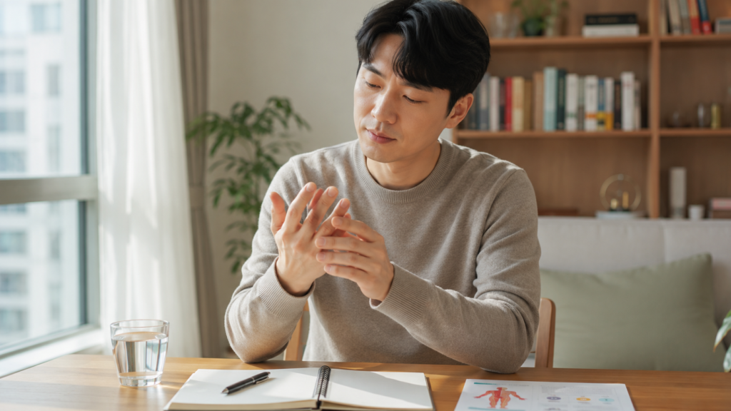 손끝 저림 원인을 차분히 확인하는 한국인 직장인