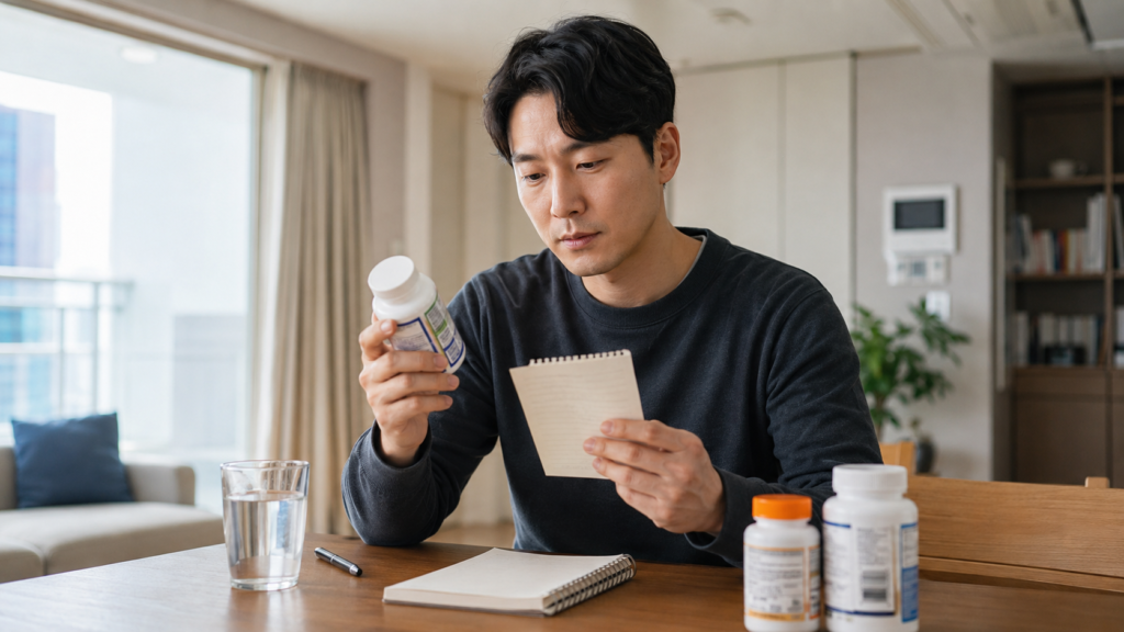 비타민B6 영양제 라벨과 함량을 꼼꼼히 확인하는 한국인 직장인