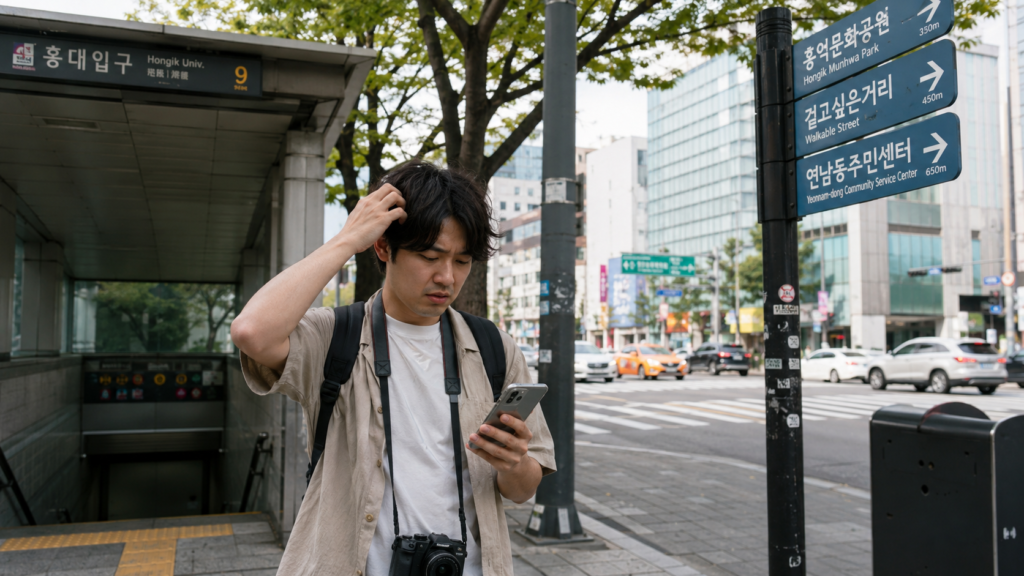 ソウルの地下鉄入口近くでスマホを見ながら道に迷っている日本人旅行者の様子