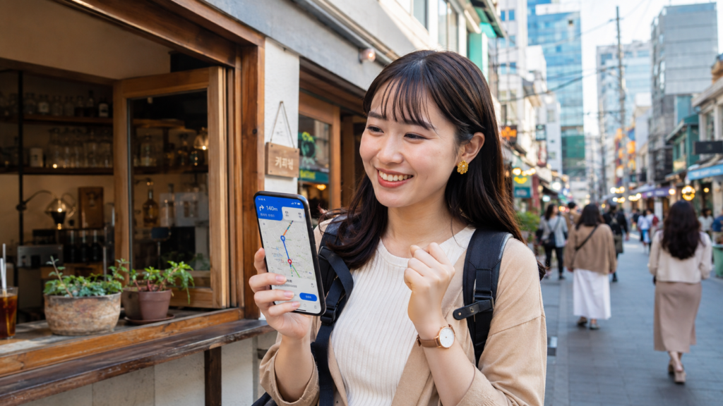 韓国の街中で地図アプリを使って安心した表情を見せる日本人旅行者の写真
