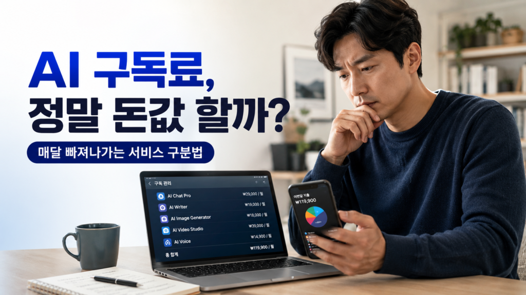 AI 구독료가 정말 돈값 하는지 고민하는 한국인 직장인의 모습