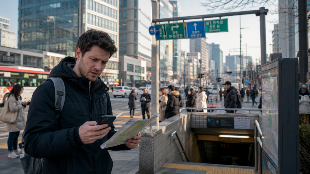 Foreign traveler looking confused while using a smartphone and paper map near a subway exit in Seoul