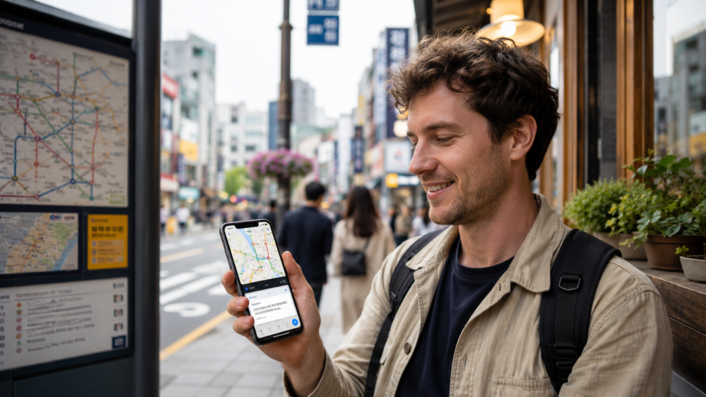 Foreign traveler in Seoul using a smartphone for local map navigation and translation with confidence