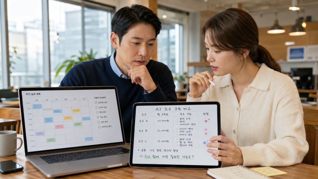 AI 도구 구독 여부를 비교하는 한국인 직장인 남녀의 회의 장면
