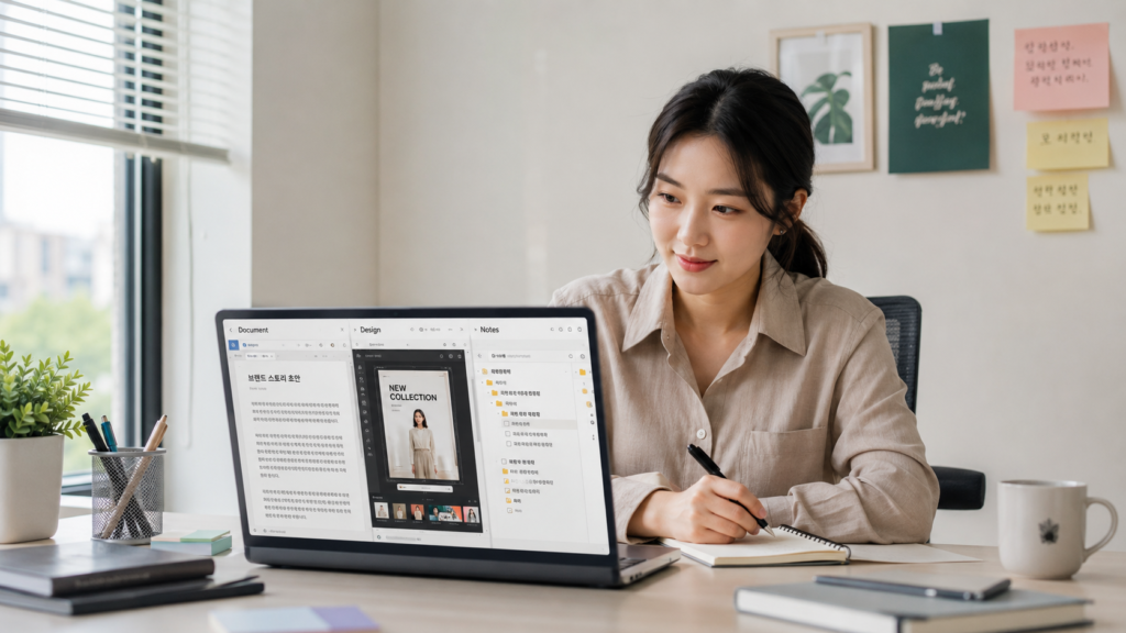 문서 작성 디자인 편집 노트 정리를 동시에 확인하는 한국인 여성 프리랜서