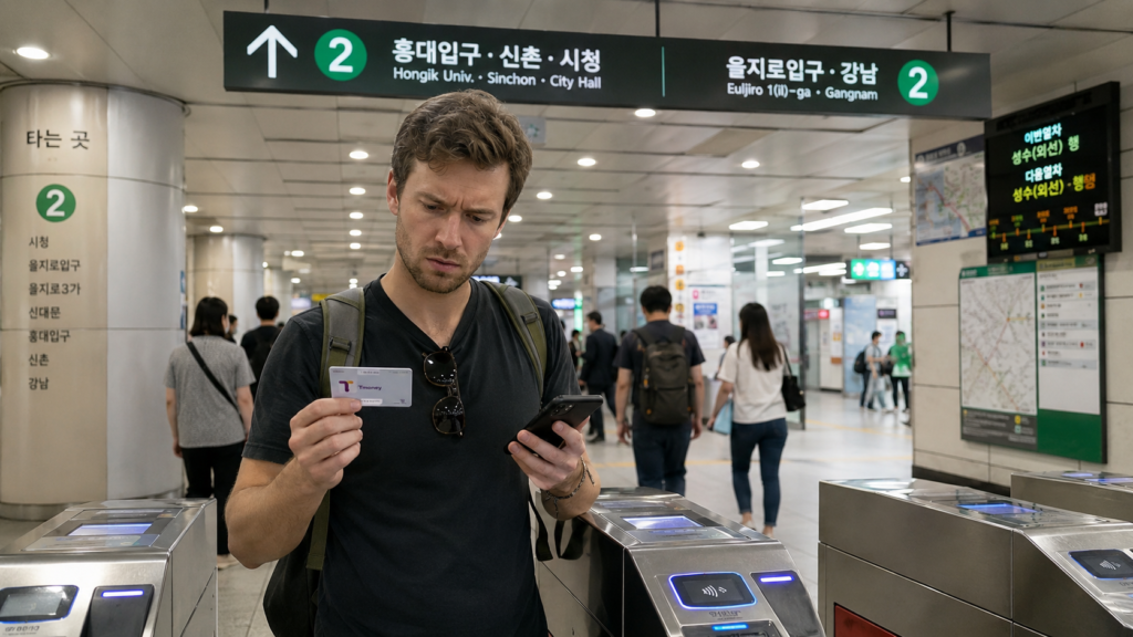 Foreign traveler checking a T-Money card and smartphone map at a Seoul subway gate