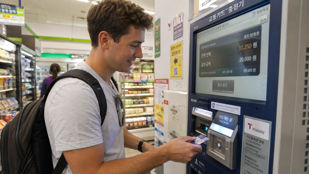 Foreign tourist checking or topping up a T-Money card at a recharge machine in Korea
