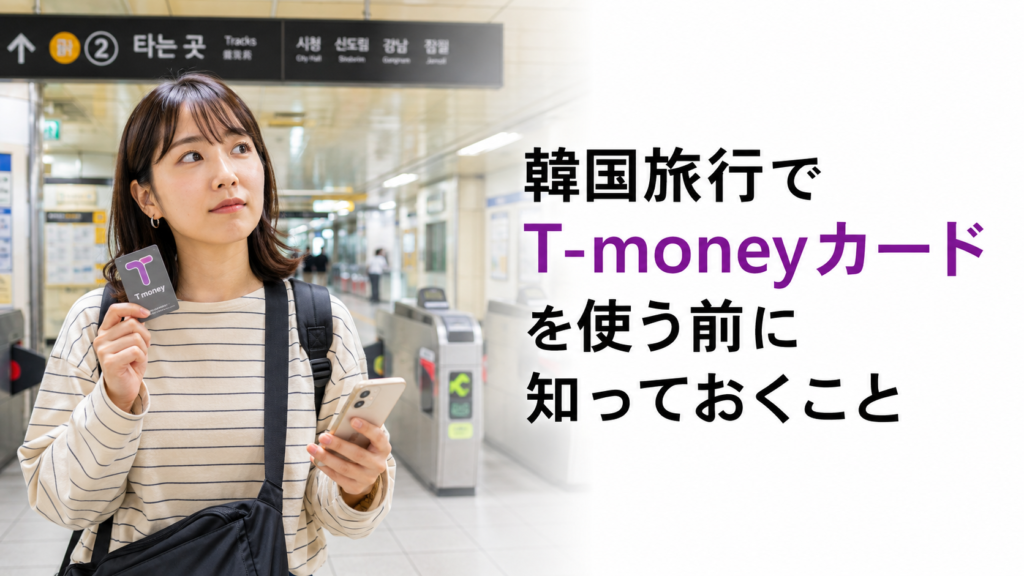 韓国の地下鉄駅でT-moneyカードとスマートフォンを持つ日本人旅行者のサムネイル画像