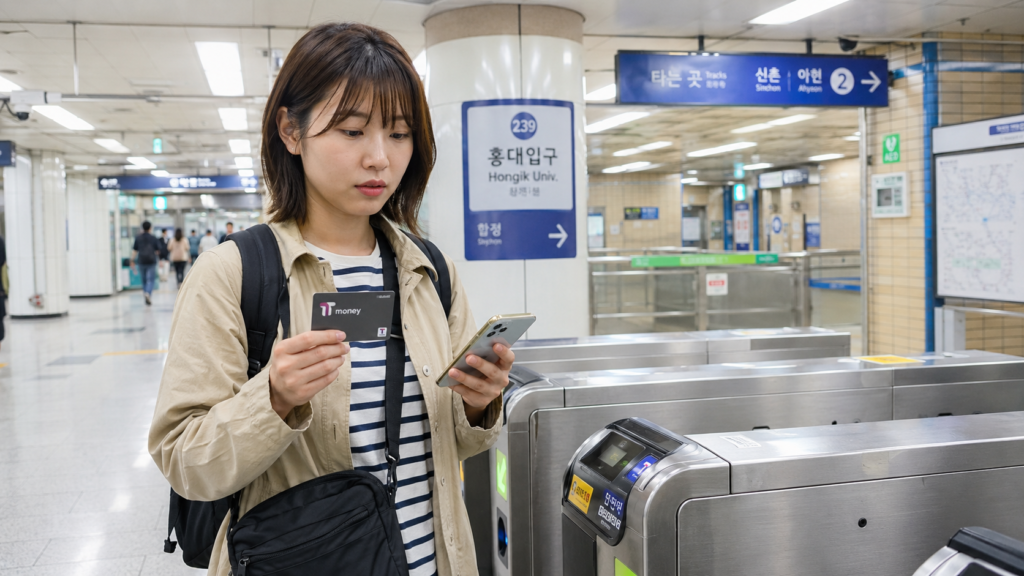 ソウルの地下鉄改札でT-moneyカードと地図アプリを確認している日本人旅行者