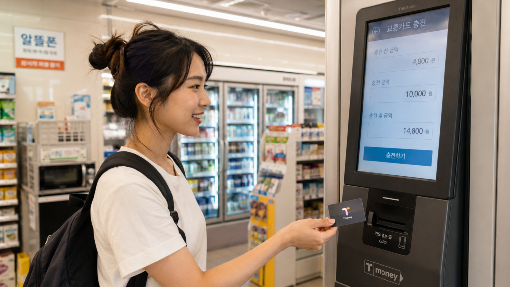 韓国のコンビニまたはチャージ機でT-moneyカードの残高を確認する日本人旅行者