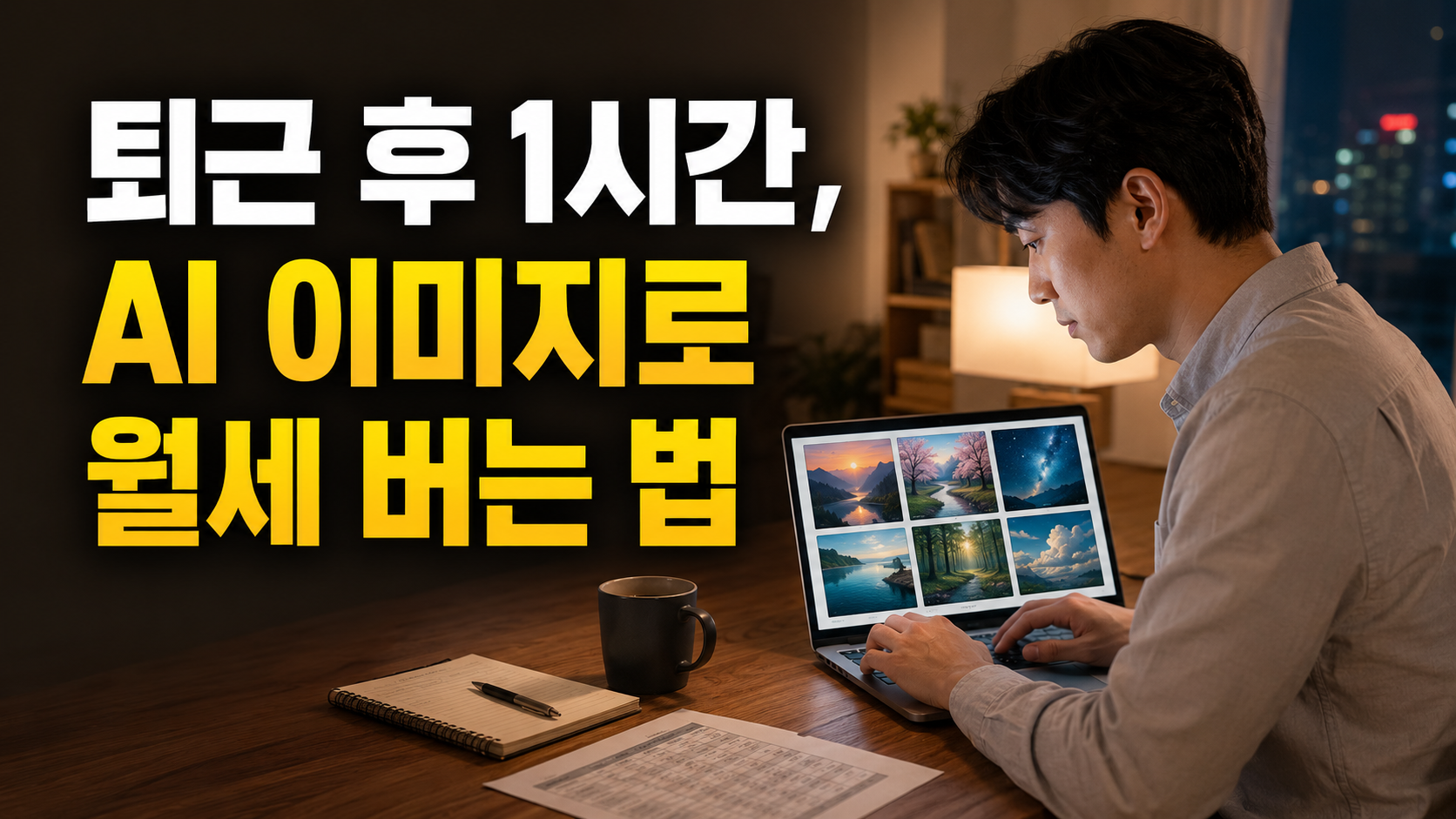 퇴근 후 집에서 AI 이미지 부업을 하는 한국인 직장인 썸네일