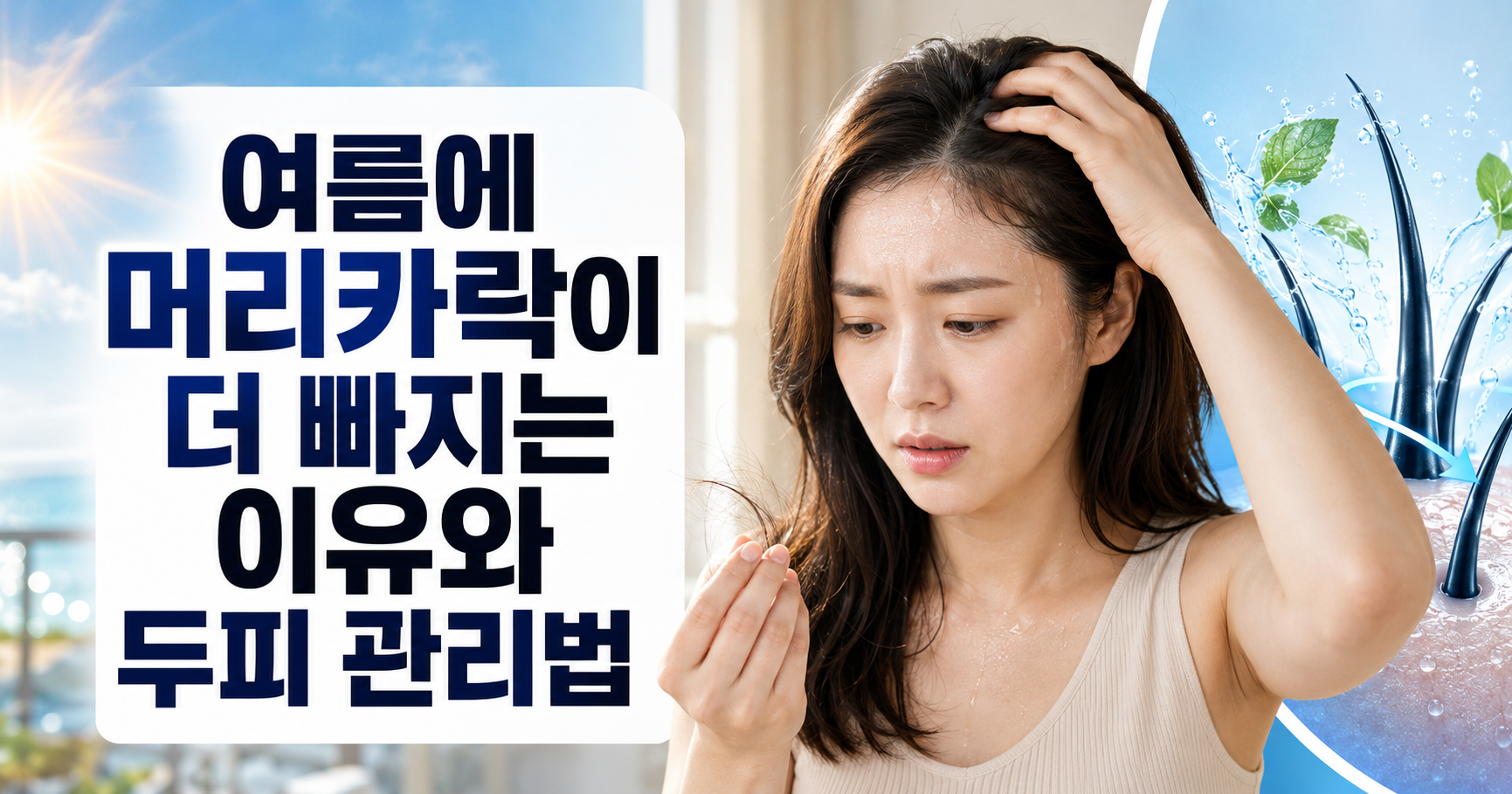 여름에 머리카락이 더 빠지는 이유와 두피 관리법을 보여주는 블로그 썸네일 이미지
