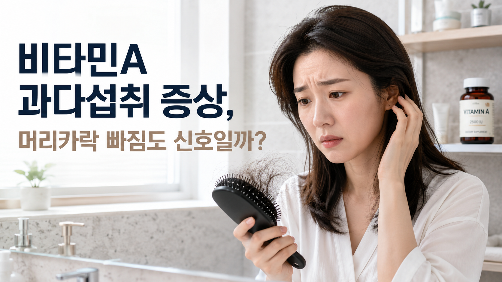 비타민A 과다섭취로 인한 머리카락 빠짐 증상을 걱정하는 한국인 여성 썸네일 이미지