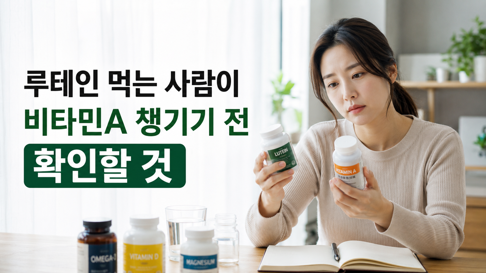 루테인을 먹는 사람이 비타민A를 추가로 챙기기 전 성분을 확인하는 한국인 여성