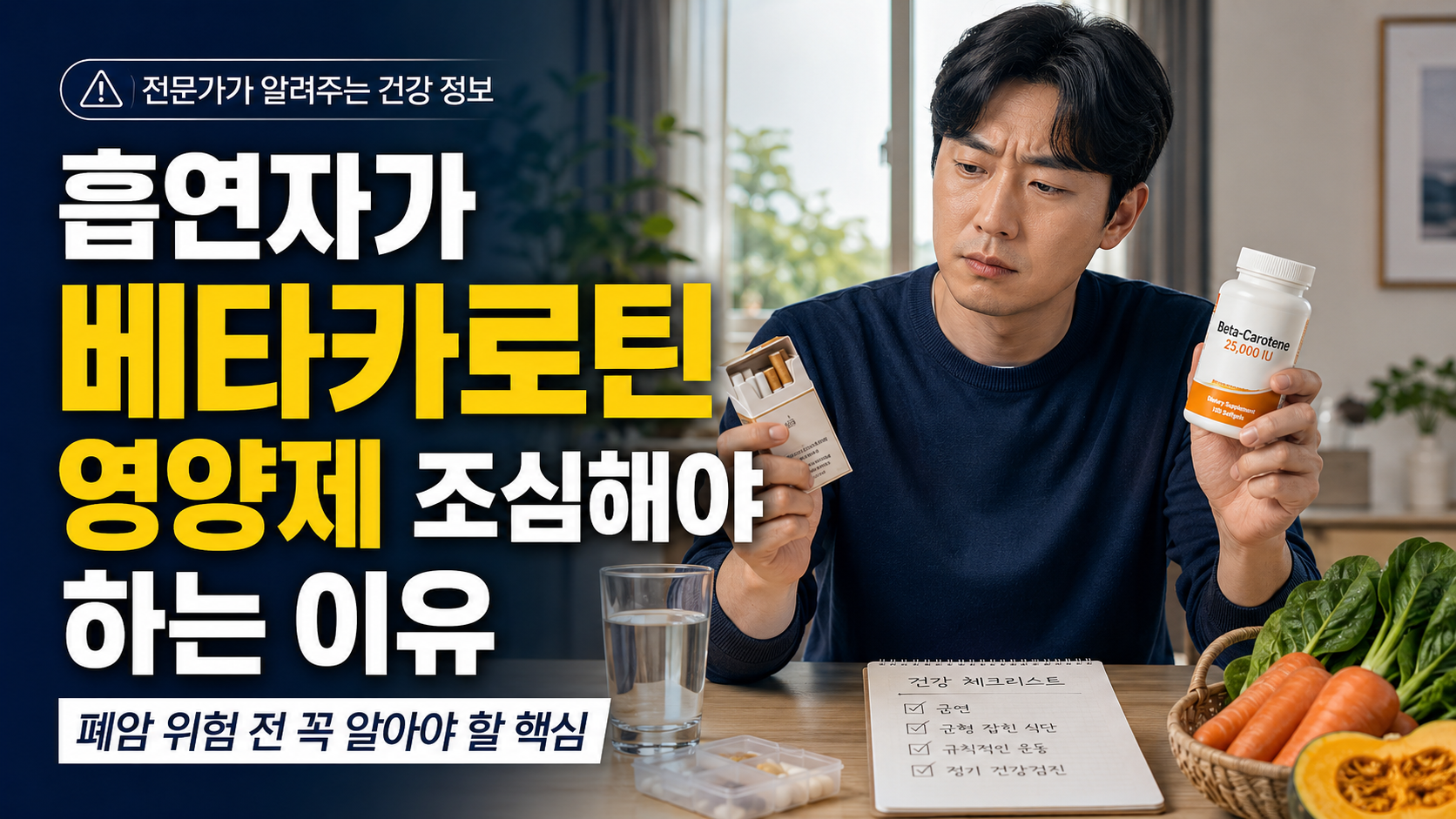 흡연자가 베타카로틴 영양제를 주의해야 하는 이유를 보여주는 건강정보 썸네일