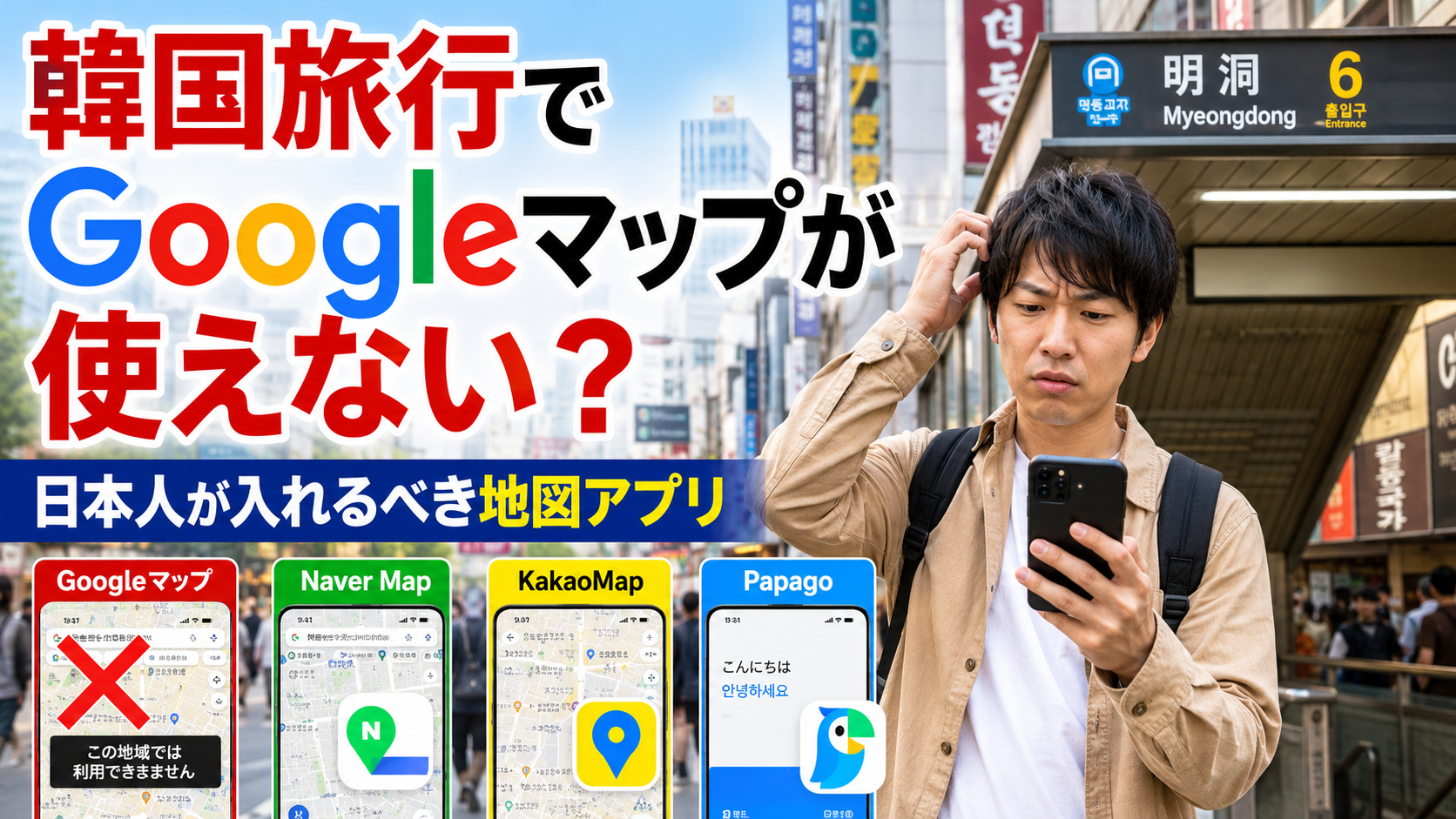 韓国旅行でGoogleマップが使いにくく困っている日本人旅行者と、おすすめ地図アプリを紹介するサムネイル画像