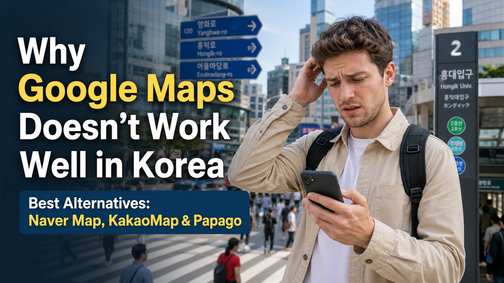 Why Google Maps doesn't work well in Korea thumbnail showing a foreign traveler in Seoul with navigation confusion