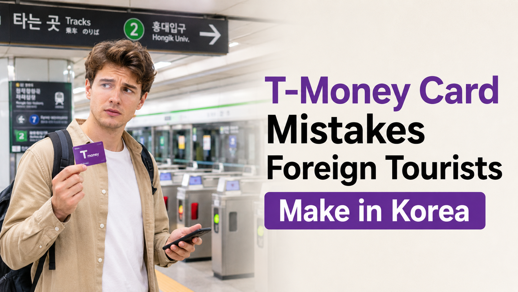 Foreign tourist holding a T-Money card in a Seoul subway station in Korea