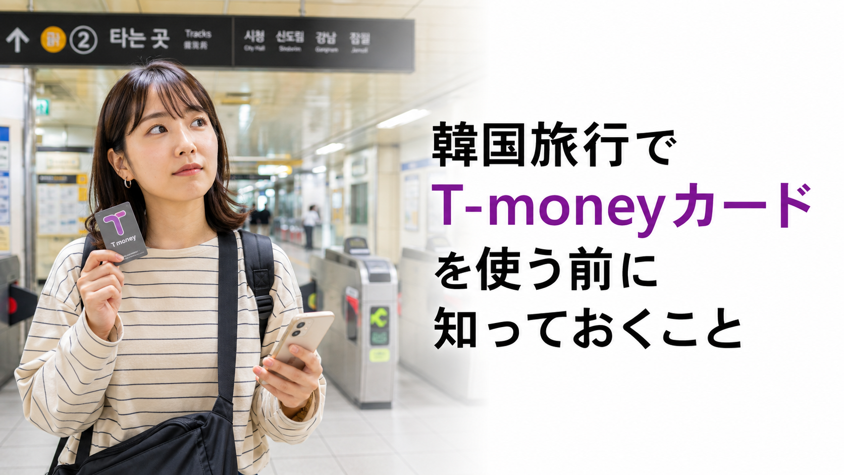 韓国の地下鉄駅でT-moneyカードとスマートフォンを持つ日本人旅行者のサムネイル画像