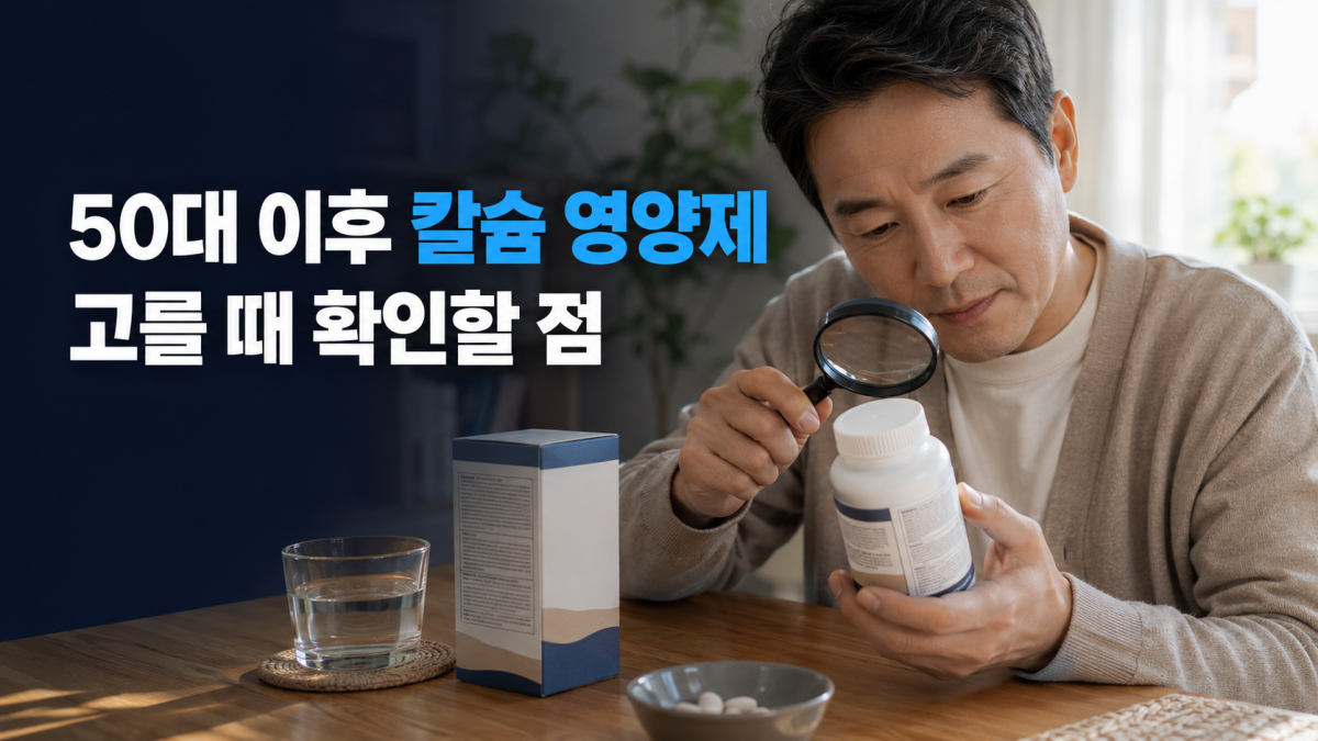 식탁에서 칼슘 영양제의 표시사항을 비교하는 50대 한국인 성인