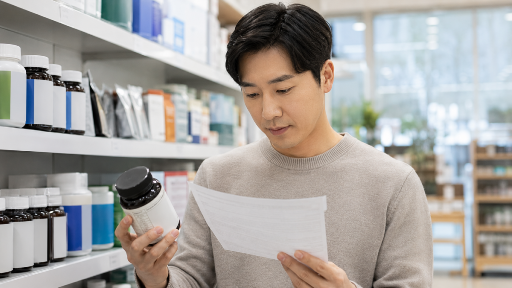 건강기능식품 영양·기능정보 읽는 법: 하루 섭취량과 함량 비교 순서 3 건강기능식품을 구매하기 전 표시사항을 살펴보는 한국인 성인
