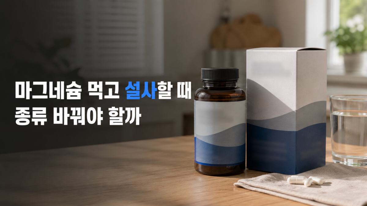 마그네슘 건강기능식품과 물컵을 배치한 설사 대처 안내