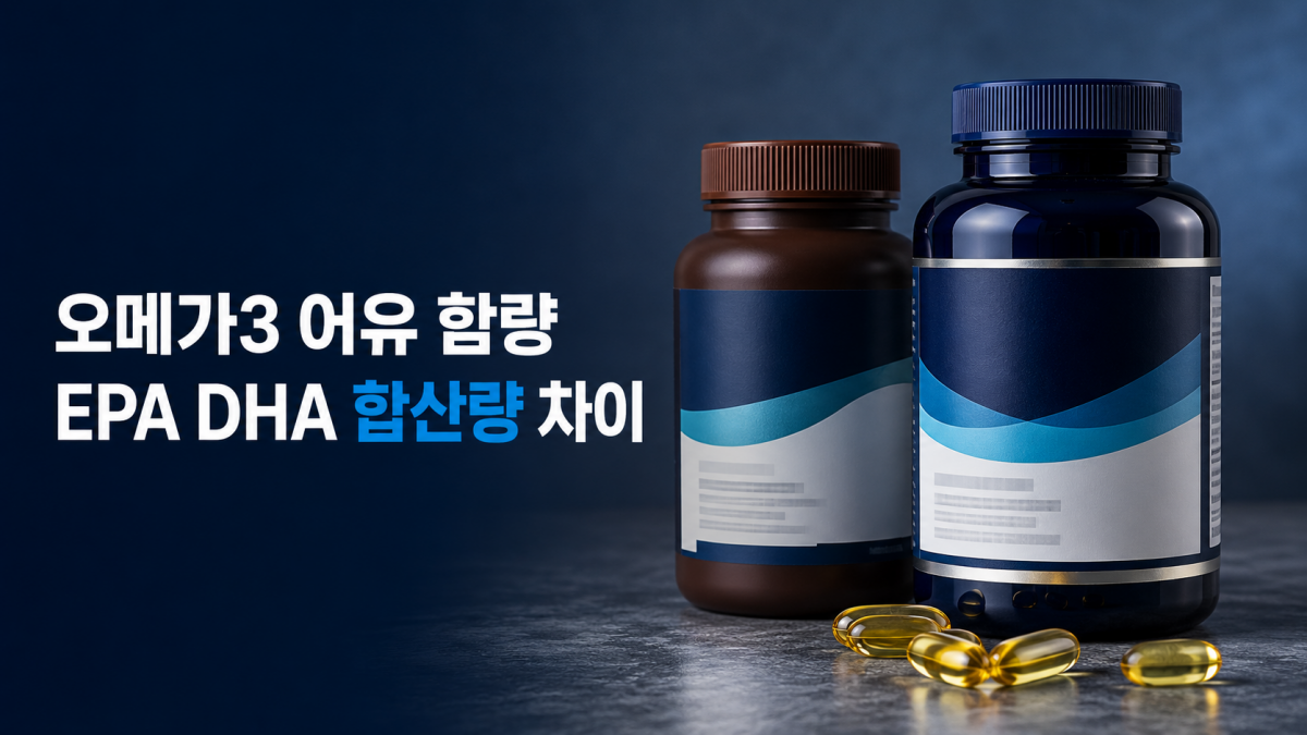 오메가3 어유 함량과 EPA DHA 합산량 차이를 설명하는 연질캡슐과 무브랜드 용기