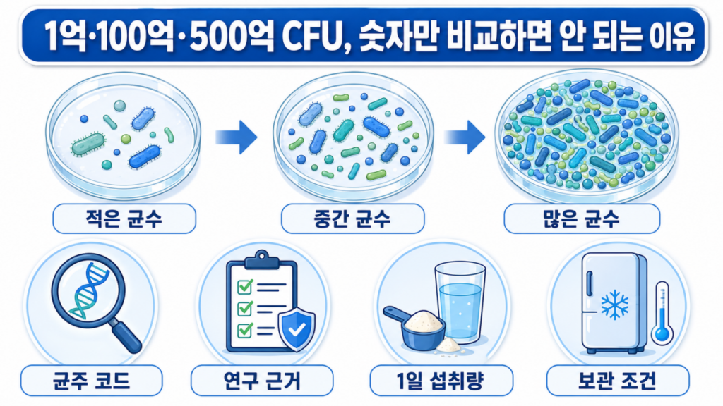 1억·100억·500억 CFU와 균주·용량·보관 조건 비교
