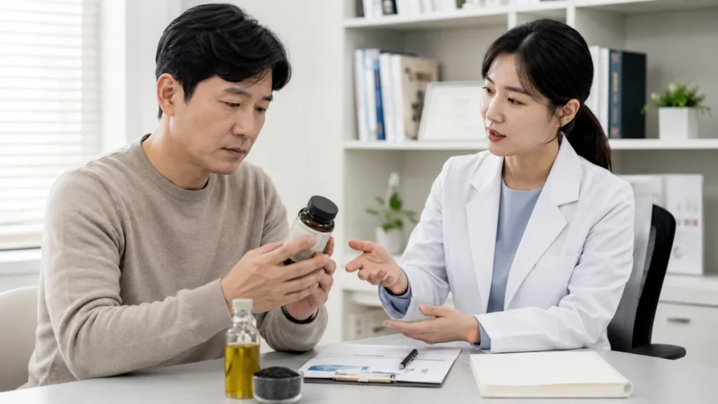 한국인 환자가 블랙커민 섭취 전 약물과 부작용을 상담하는 모습