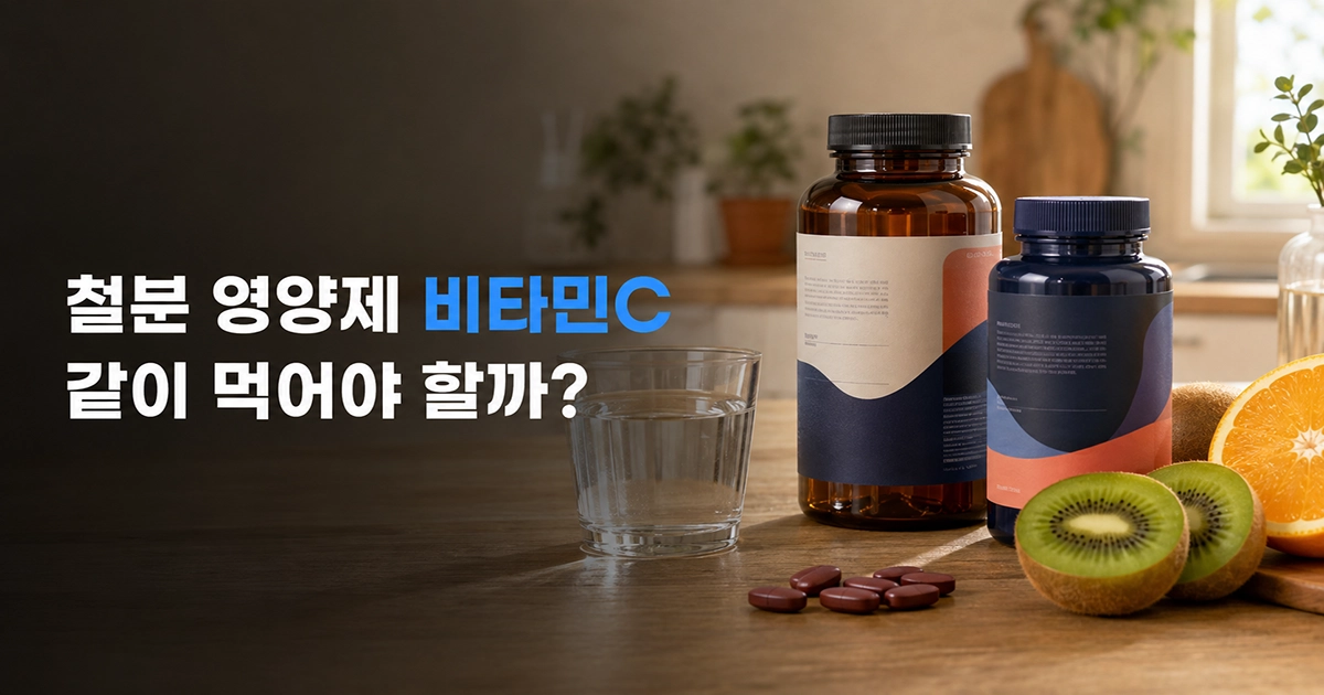 철분 영양제 용기와 물, 오렌지와 키위가 놓인 차분한 건강정보 이미지